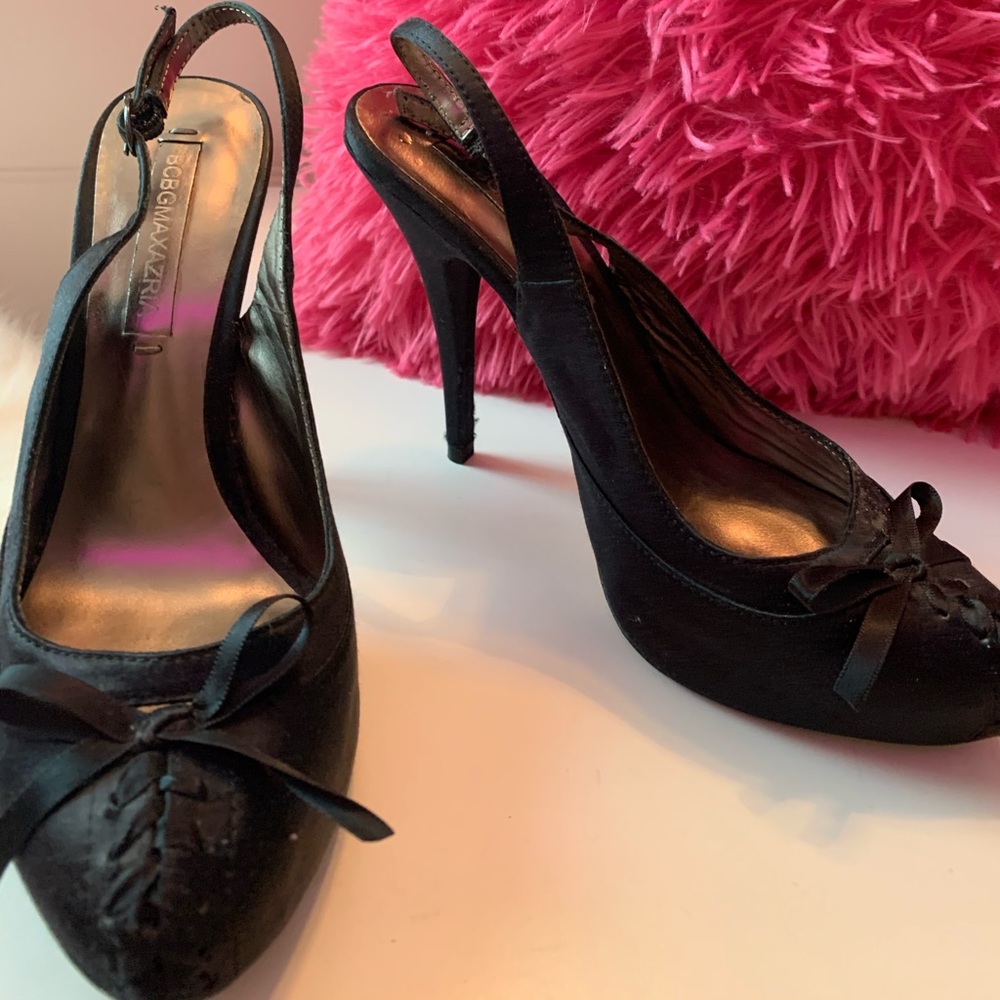 - -BCBGMaxAzria Nataliya black satin 4.5 inch heels, size 6.5